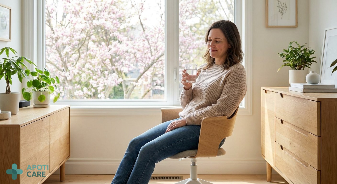 A professional person in their 30s sitting in a bright, modern office near a window, holding a glass of water, looking slightly tired but calm, spring trees visible outside.