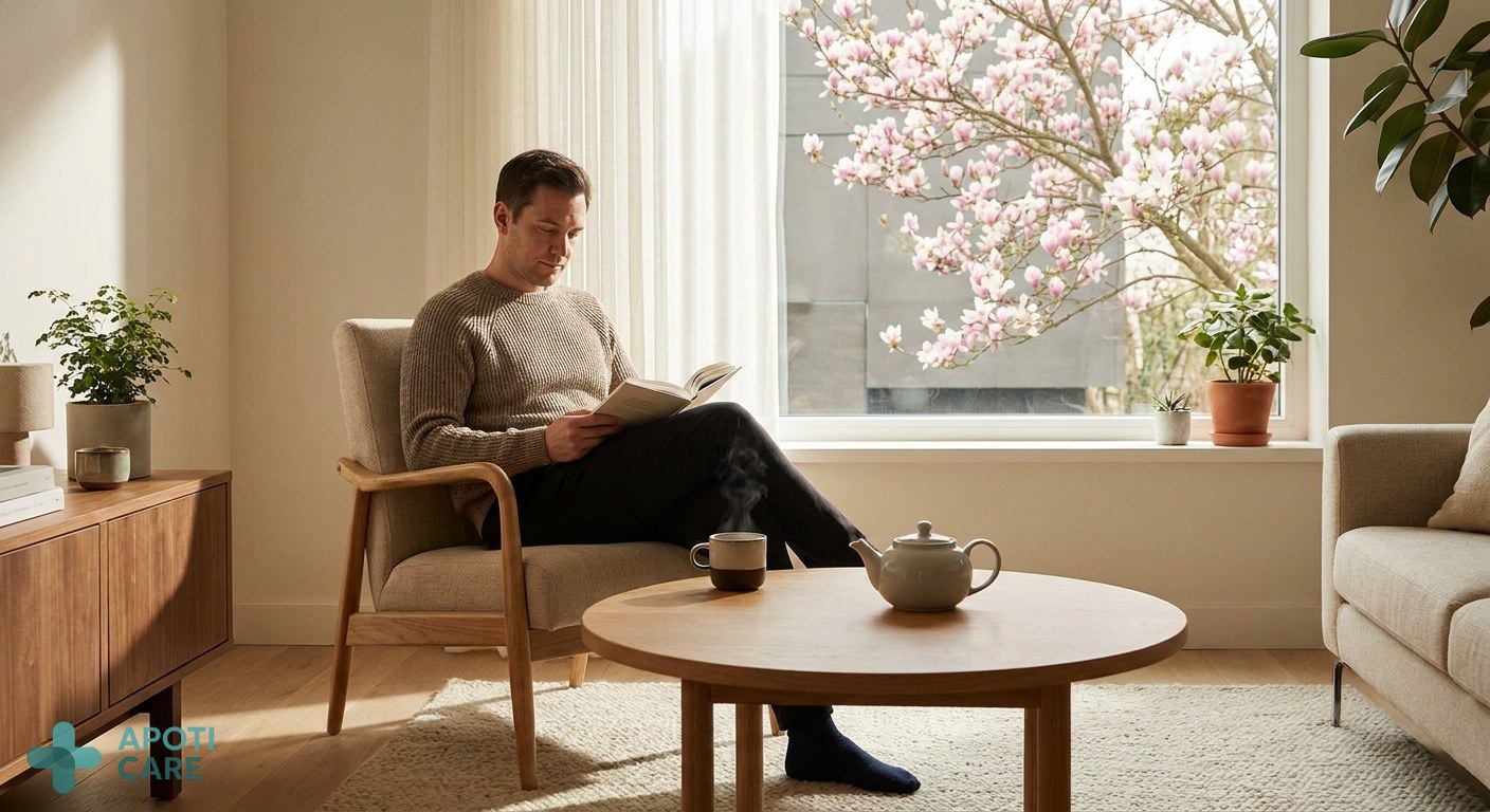 A professional person in their 30s sitting in a sunlit modern living room, reading a book calmly with a cup of herbal tea on a wooden table, spring blossoms visible through the window.