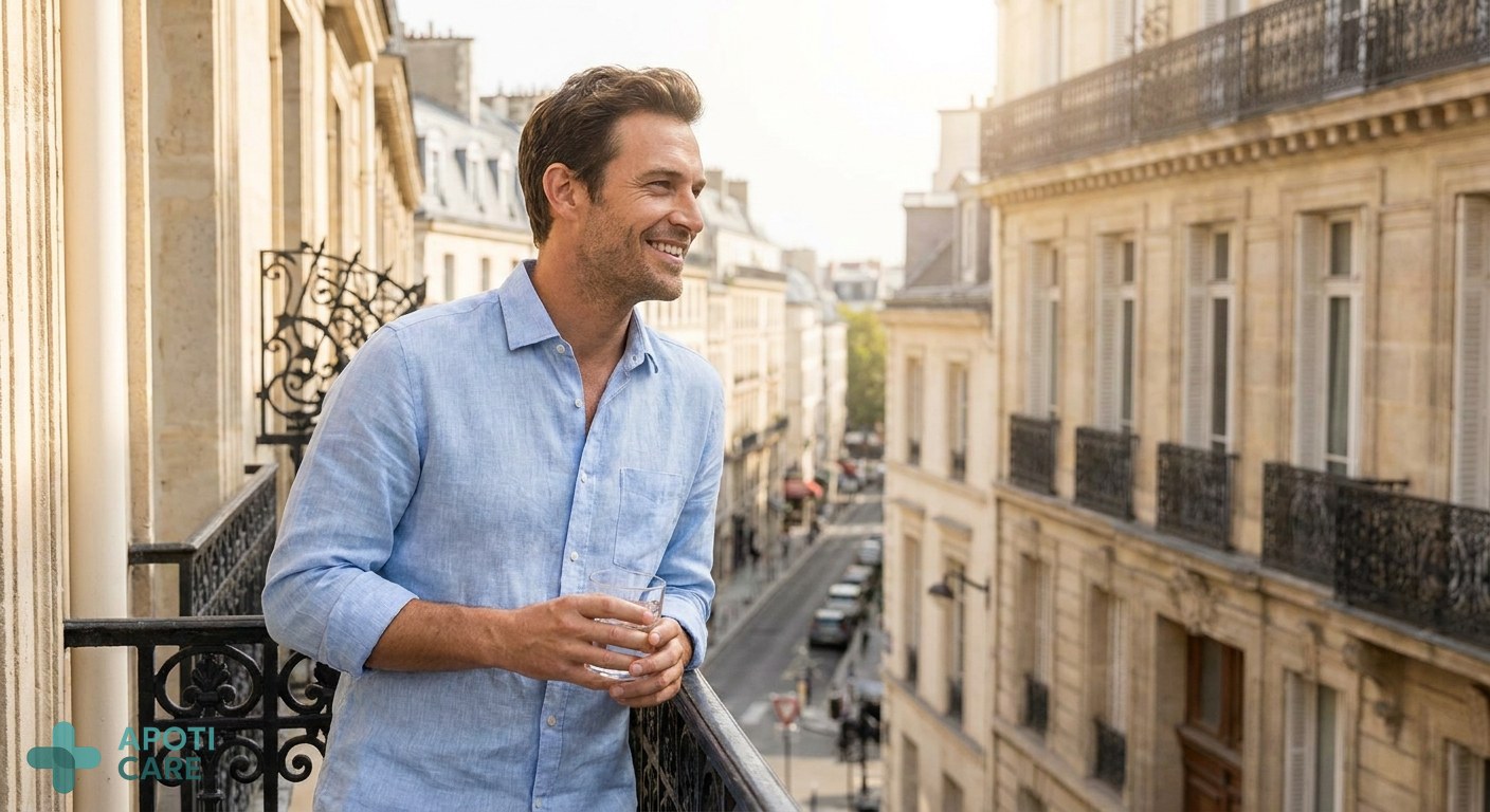 A professional 35-year-old man in a light linen shirt standing on a sun-drenched balcony in a city like Brussels or Paris, looking relaxed, holding a glass of water, soft morning sunlight, realistic photography style.