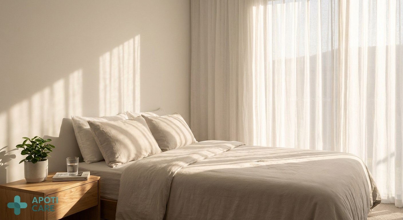 A bright, modern bedroom at sunrise with soft spring light filtering through white curtains, a glass of water and a green plant on the bedside table, professional photography, serene atmosphere