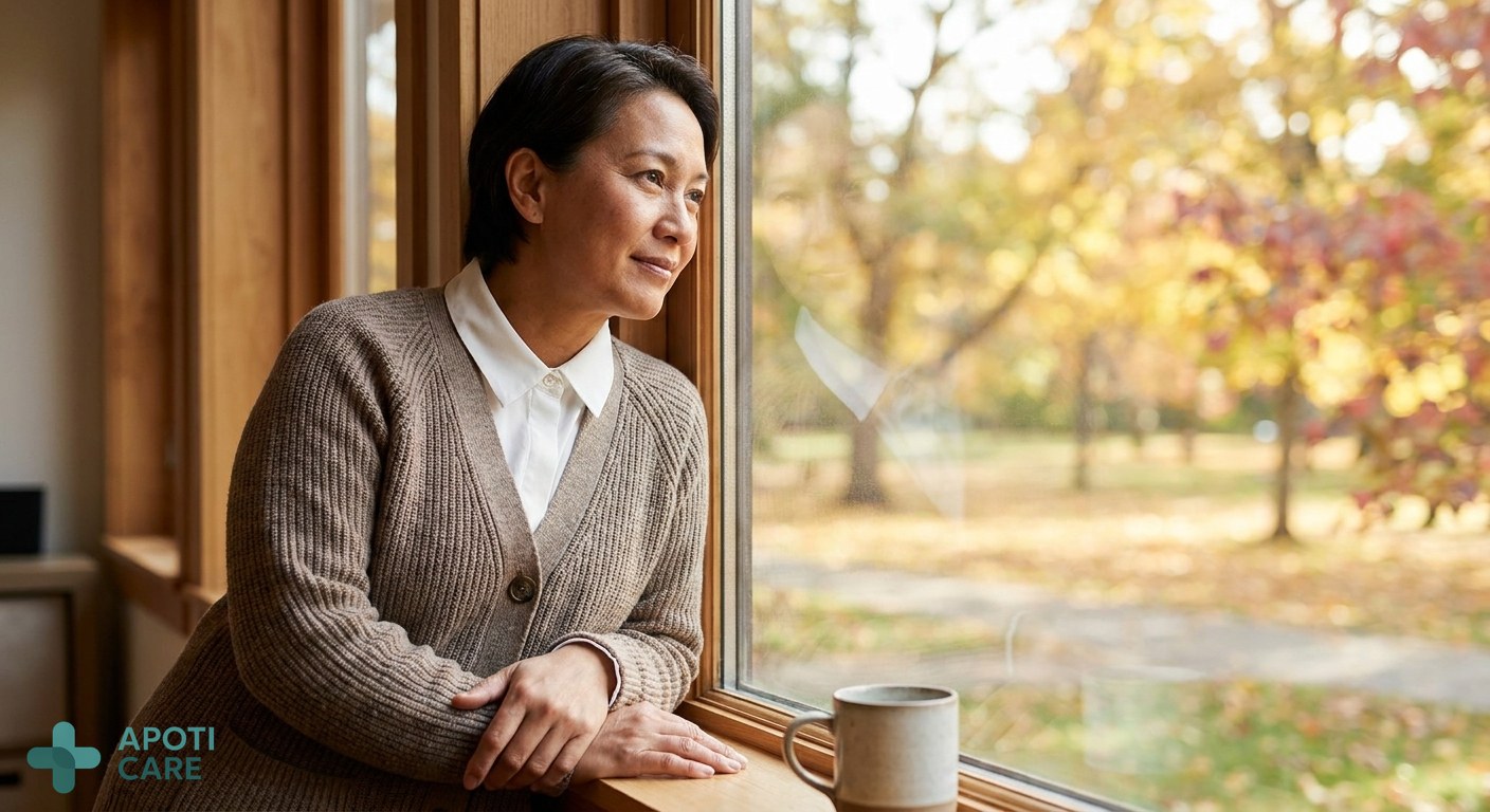 Close-up of a professional person looking out a window at an autumnal park, soft natural light, warm atmosphere, high quality photography