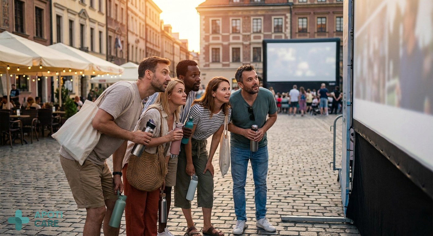 A group of friends in their 30s-40s, excited but looking a bit tired, watching a large screen outdoors at sunset in a European city square, water bottles in hand, warm summer atmosphere.