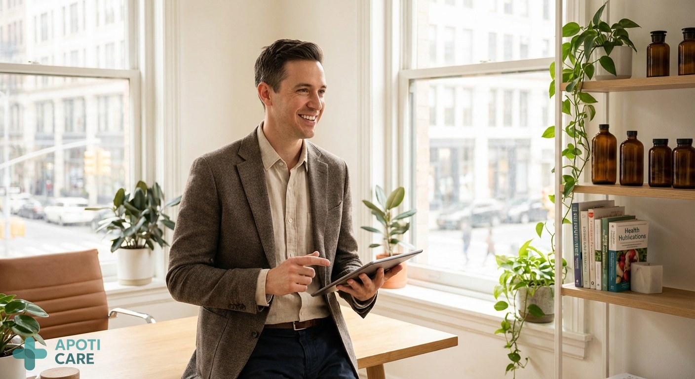 A modern professional person in their late 30s, smiling confidently in a bright, sunlit office, representing health and vitality