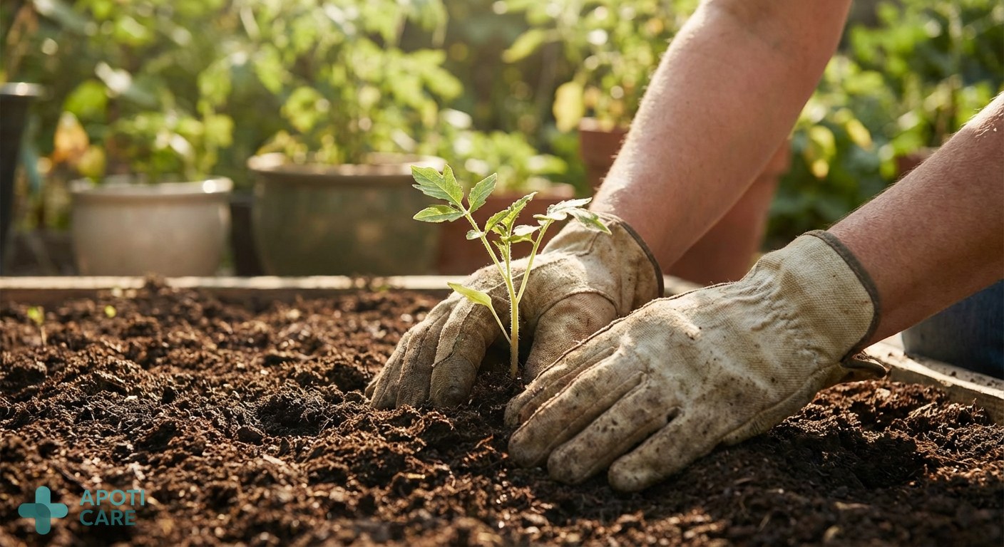 A close-up of a person's hands wearing gardening gloves, planting small green sprouts in rich dark soil during a sunny spring afternoon.