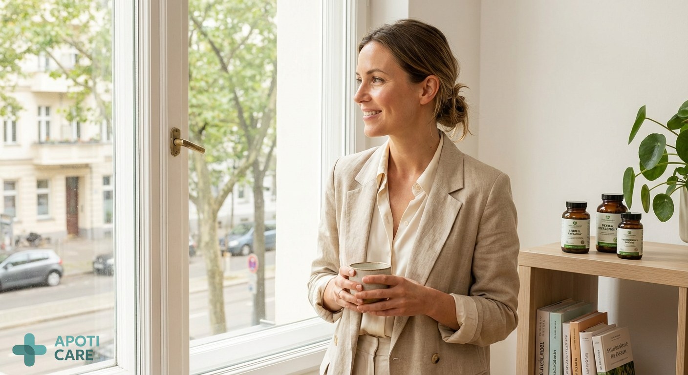 A professional person in their 30s standing by a window with spring sunlight, looking refreshed and healthy, realistic photography style