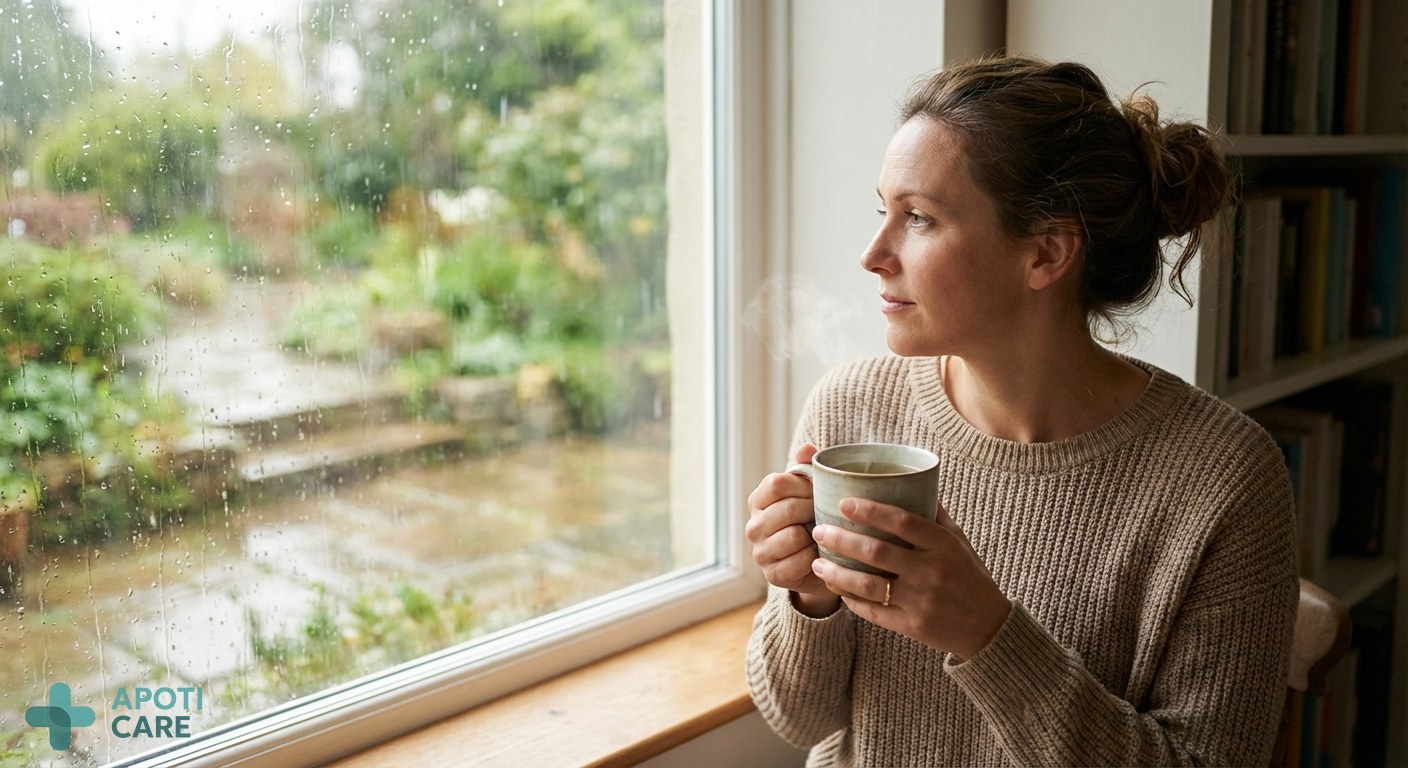 A professional person in their 30s looking out a window at a rainy Belgian spring garden, holding a warm cup of herbal tea, soft natural lighting, realistic style.