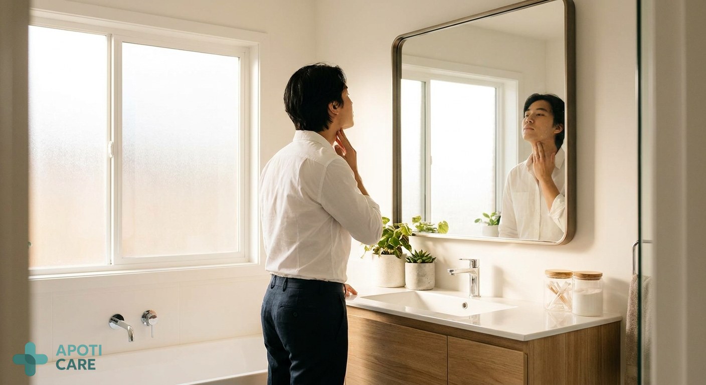 A professional person in their 30s looking at their neck in a bathroom mirror, wearing a white shirt, soft morning light, realistic photography style