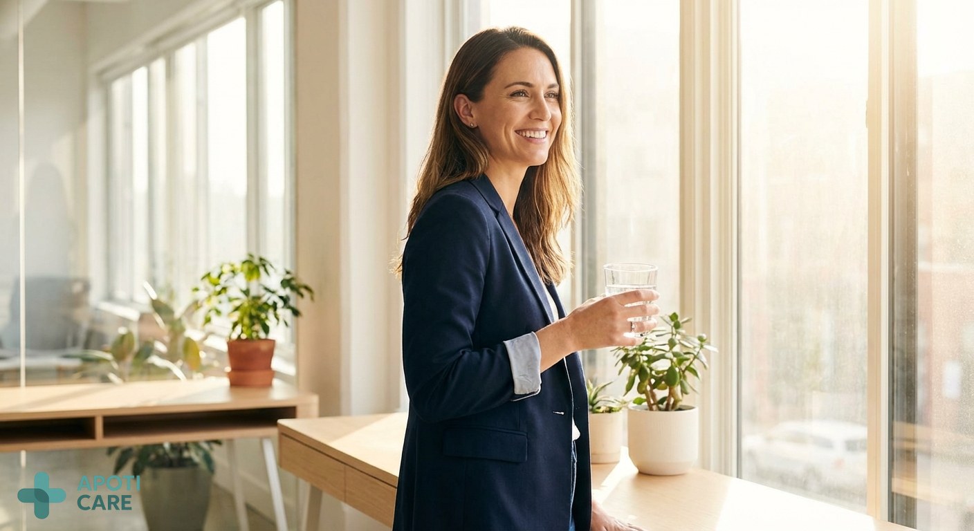 A professional person in their 30s standing by a window with soft spring sunlight, looking confident and smiling, holding a glass of water, minimalist and bright office environment.