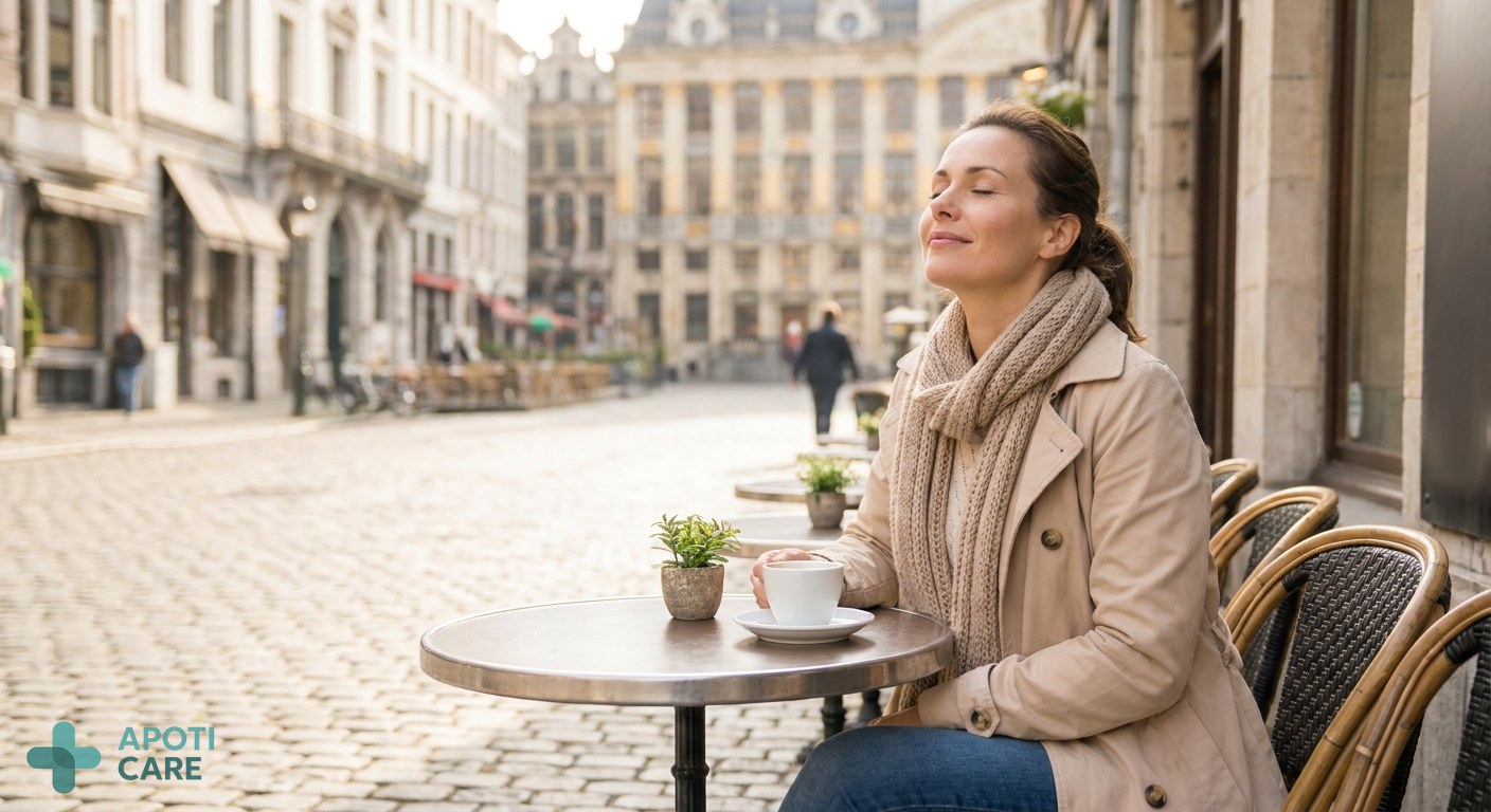 A professional person in their 30s sitting on a sunny terrace in a European city, looking relaxed and breathing deeply, with a light spring jacket and a coffee on the table.