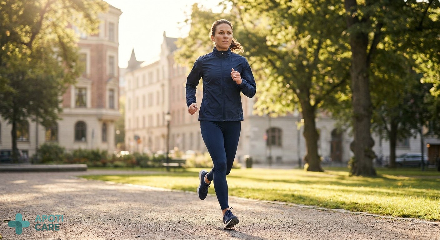 A determined 35-year-old professional in athletic gear running in a sun-drenched city park during early morning, realistic photography style, natural light