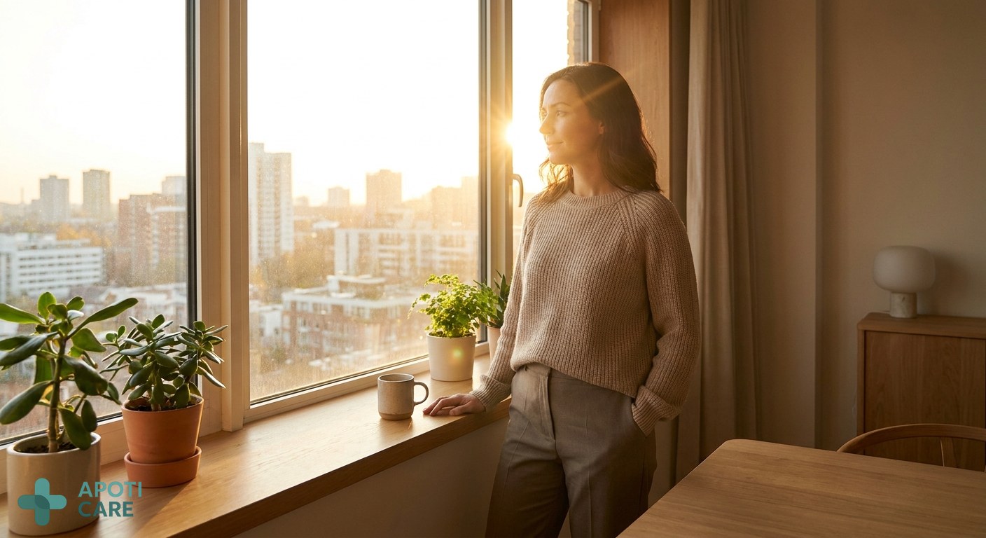 A professional person in their 30s looking out a window at a sunset, looking slightly tired but hopeful, warm summer light, realistic photography style