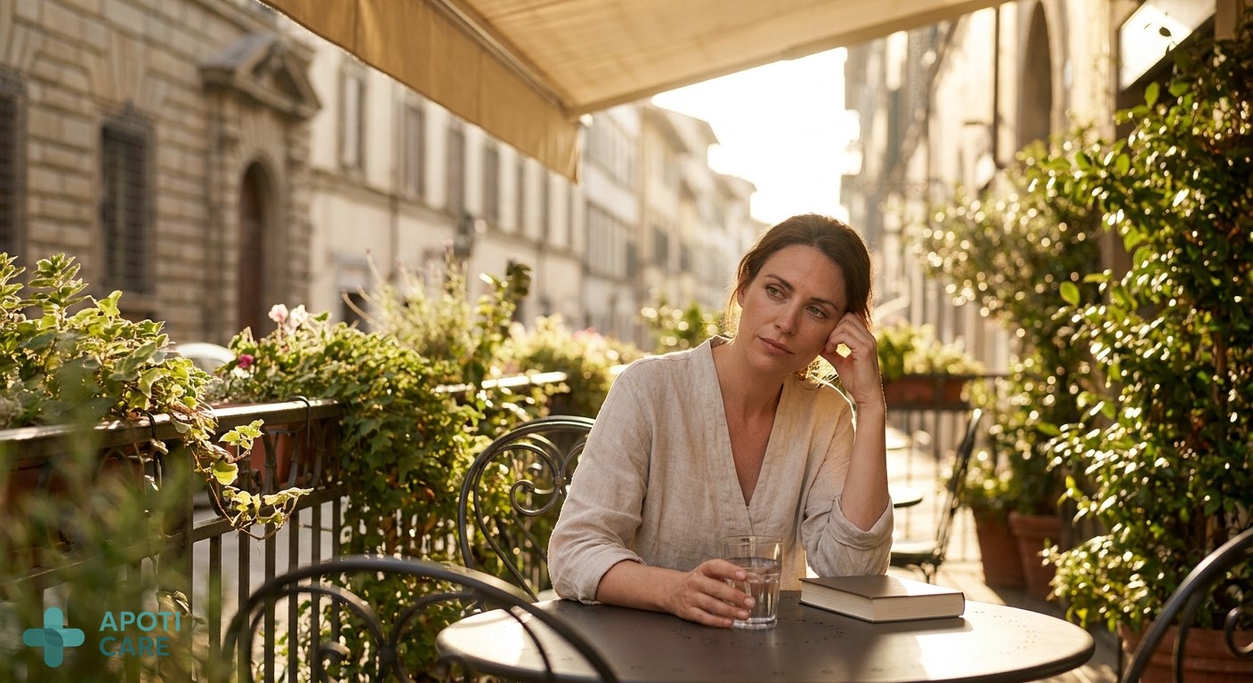 A professional person in their late 30s sitting on a sunny terrace in a European city, looking relaxed but slightly tired, with a glass of water and a book, soft warm sunset light.