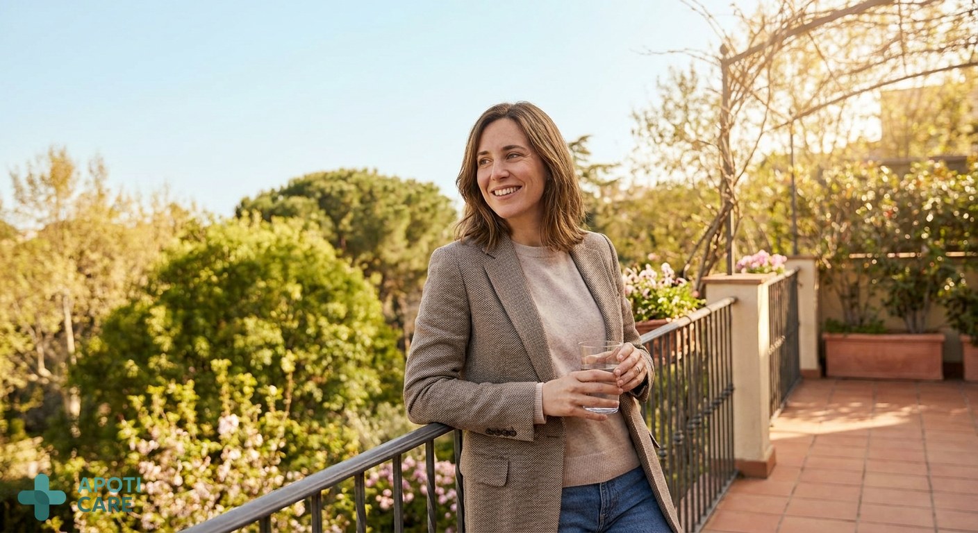 A professional person aged 35-40, looking refreshed and vital, standing on a sun-drenched balcony or terrace during spring, holding a glass of water, with blurred green spring foliage in the background.