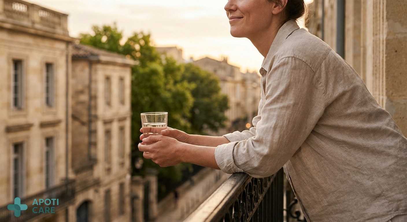 A serene person standing on a sunlit balcony in a European city, holding a glass of water, looking calm and refreshed during a warm summer evening, professional photography style.