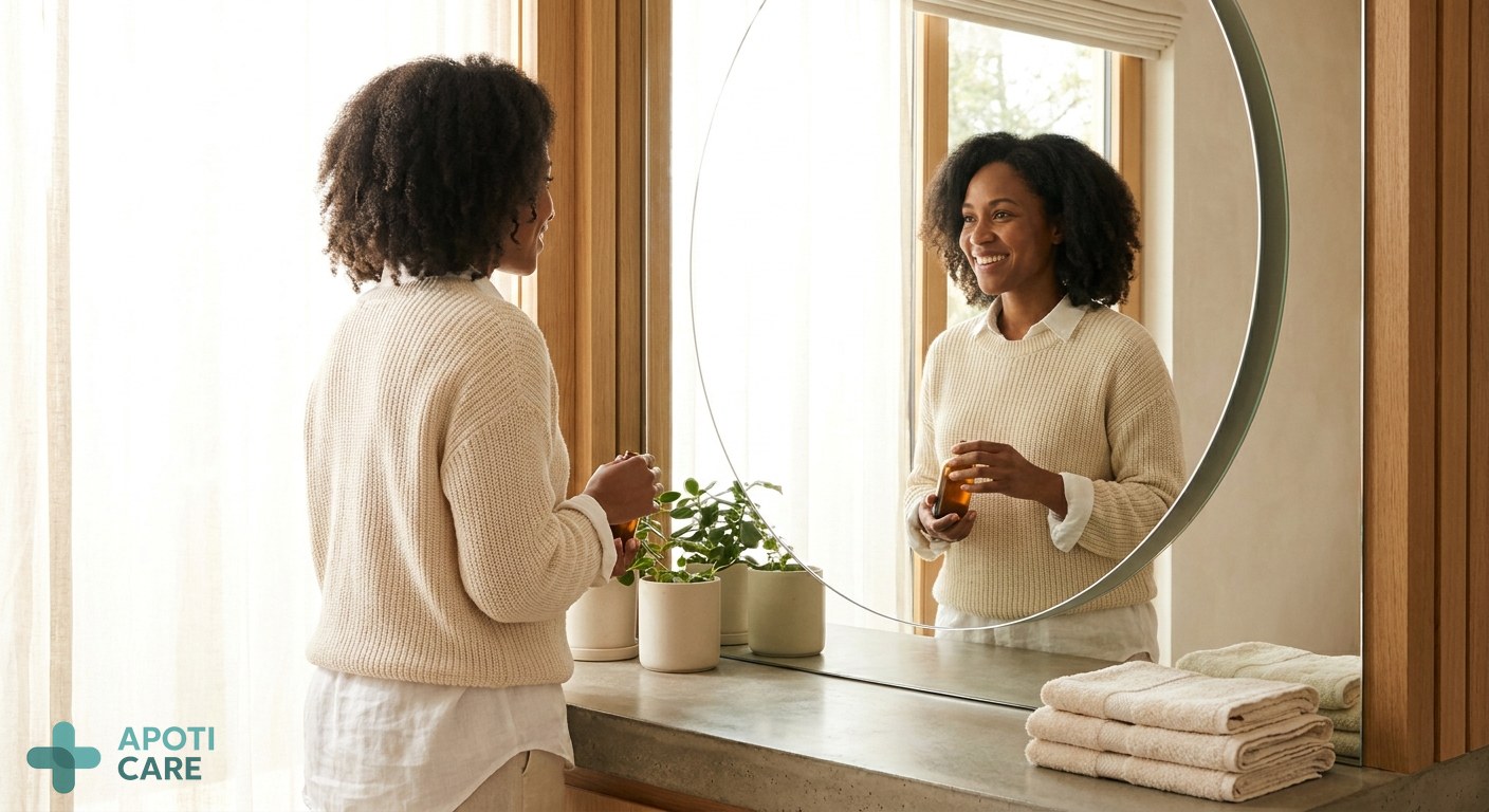 A professional person in their 30s looking at their reflection in a mirror, smiling confidently, bright natural light, bathroom setting, high-end minimalist decor.