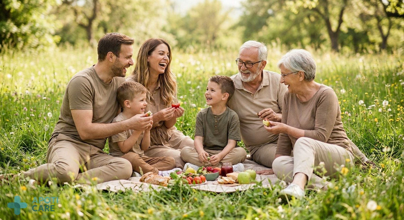 A happy family having a picnic in a green meadow during spring, realistic photography style, soft natural lighting