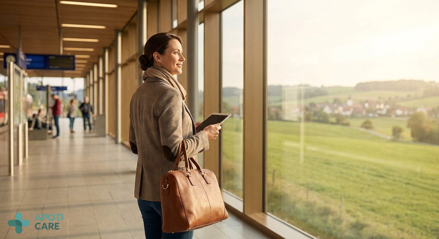 A professional person in their 30s standing at a train station or airport, looking towards a green countryside landscape, holding a travel bag, soft summer morning light.