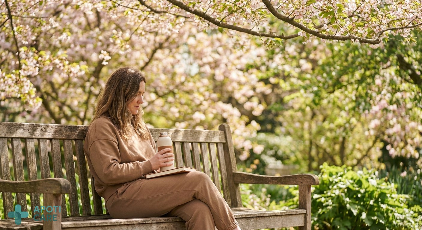 A serene outdoor spring setting with a person sitting on a wooden bench in a blooming park, soft sunlight filtering through the leaves, feeling of peace and health reflection.