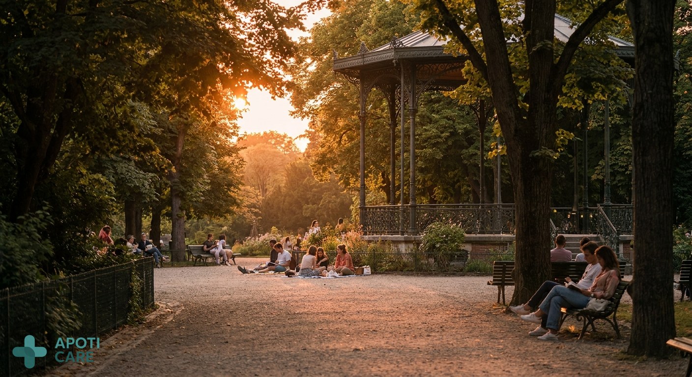 A serene sunset over a French city park during the summer solstice, soft golden light, people relaxing in the distance, peaceful atmosphere, high resolution photography