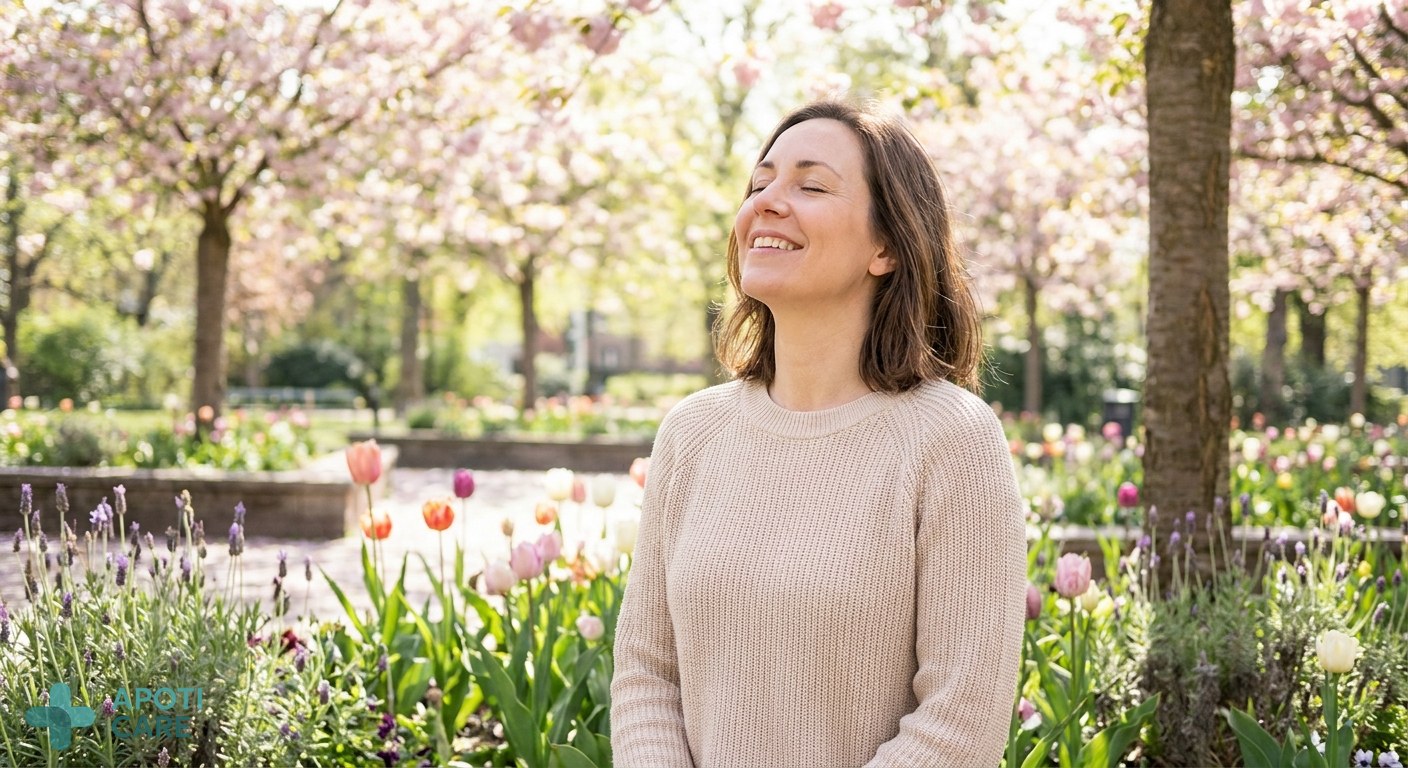 A person in their late 30s standing in a sun-drenched park or garden, smiling and breathing deeply, surrounded by spring flowers, wearing a light stylish sweater, soft natural lighting.