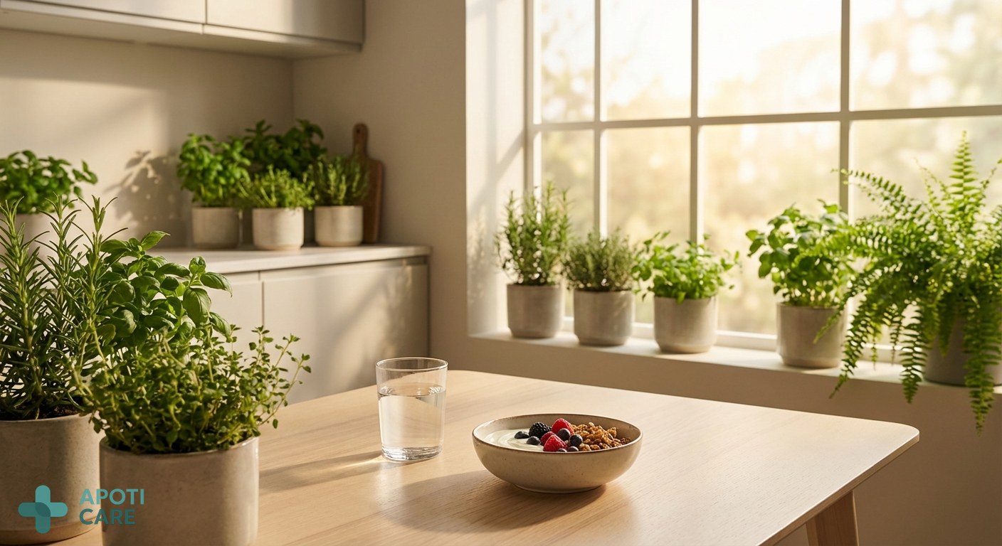 A serene morning scene in a bright kitchen, a glass of water and a bowl of fresh yogurt on a wooden table, soft spring sunlight filtering through a window with green plants.