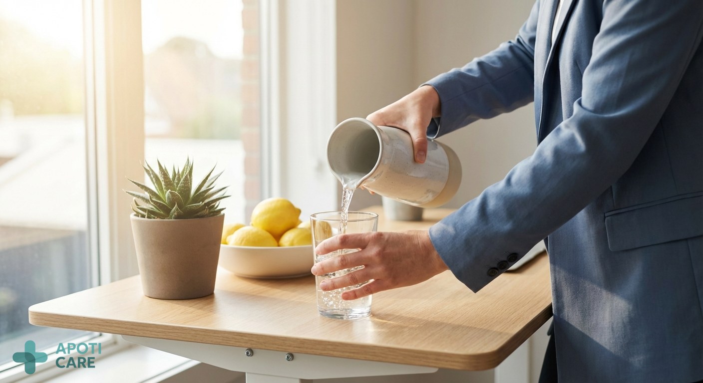 Close-up of a professional person pouring fresh water into a glass on a bright office desk, soft morning sunlight, healthy lifestyle atmosphere