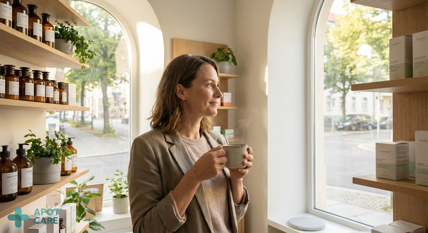 A professional woman in her late 30s standing by a window with soft morning sunlight, holding a cup of herbal tea, looking serene and energized, realistic photography style