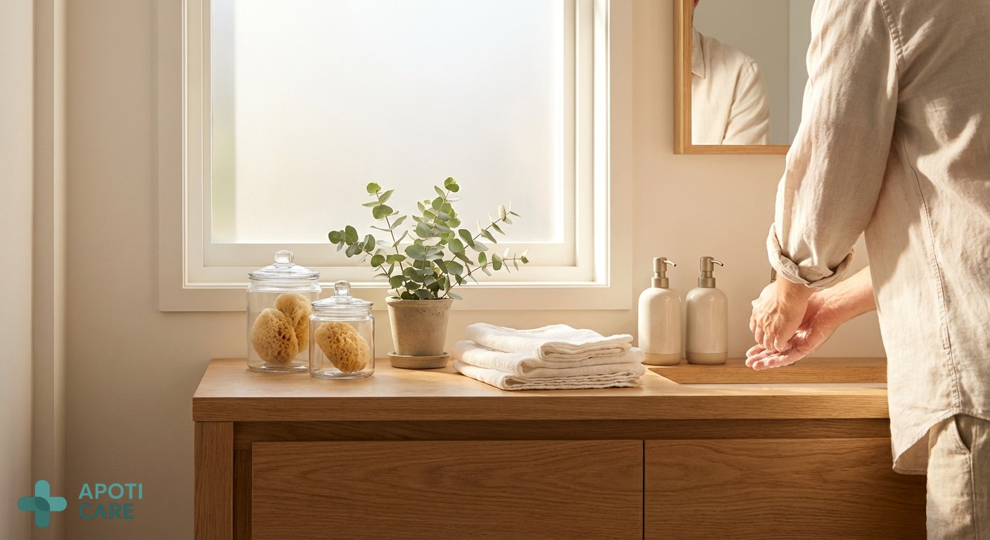 A bright, airy bathroom scene with a wooden vanity, a small green plant, and soft morning sunlight filtering through a window, professional lifestyle photography style