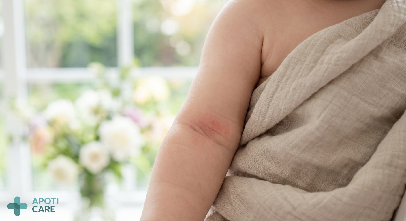 A close-up of a baby's soft skin, showing slight redness in the arm folds, with a soft out-of-focus spring garden visible through a window in the background.