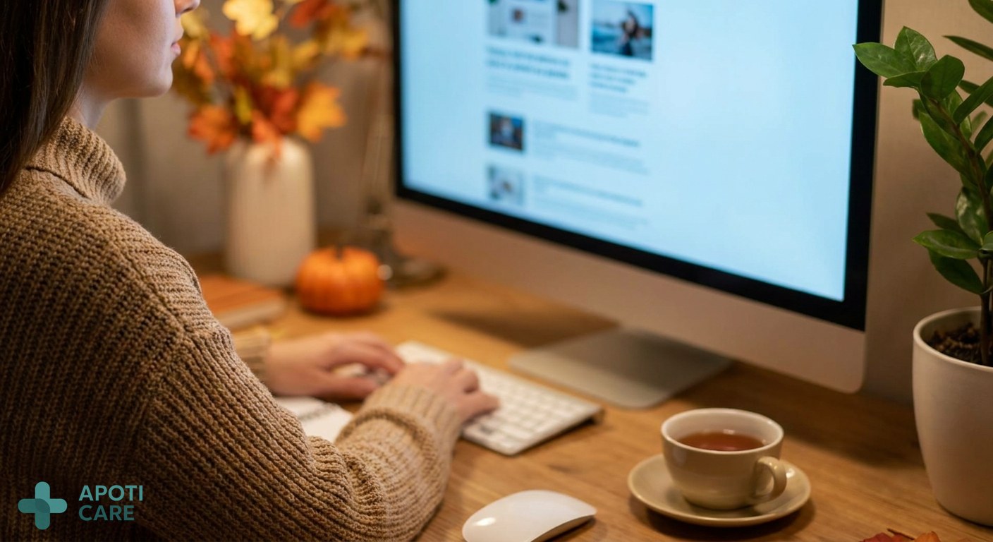 Close-up of a person's eyes reflecting a computer screen in a dimly lit, cozy autumn office setting, realistic photography style