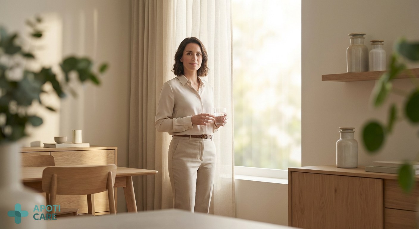 A professional person in their 30s standing by a window with soft spring morning light, holding a glass of water, looking refreshed and serene.