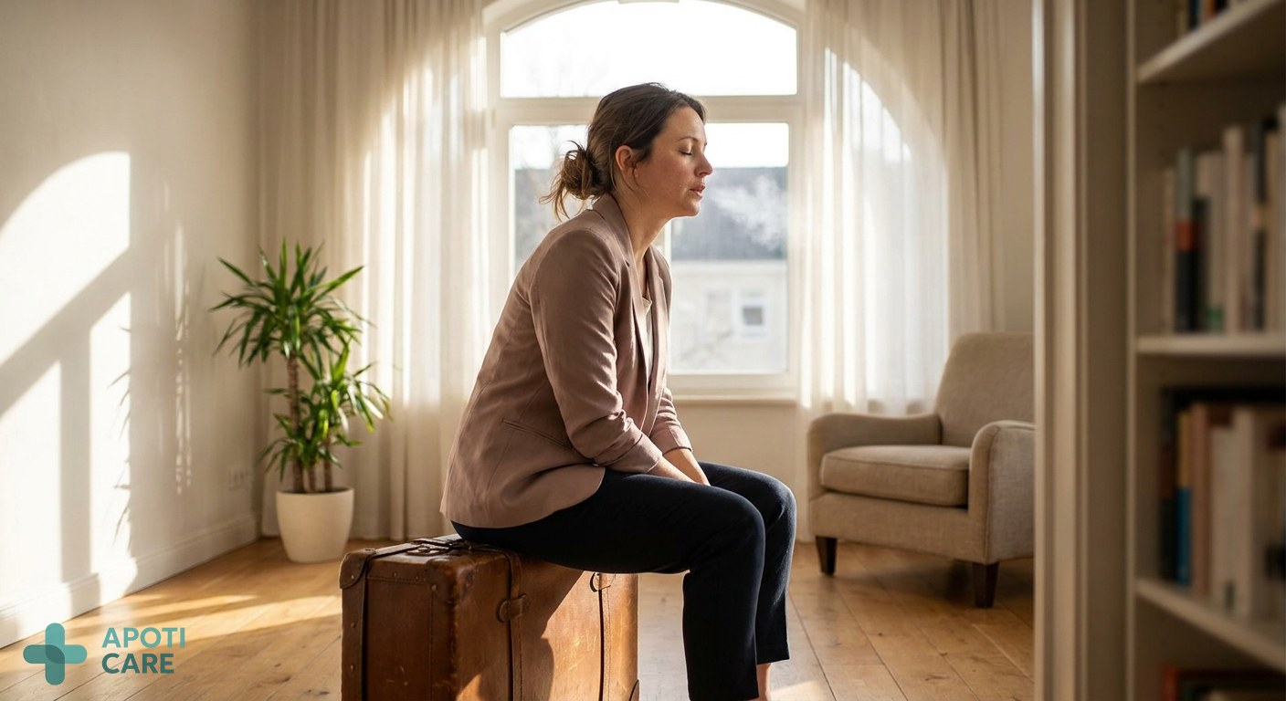 A tired but professional-looking woman in her late 30s, sitting on a suitcase in a bright living room, exhaling deeply with her eyes closed, soft summer sunlight through the window.