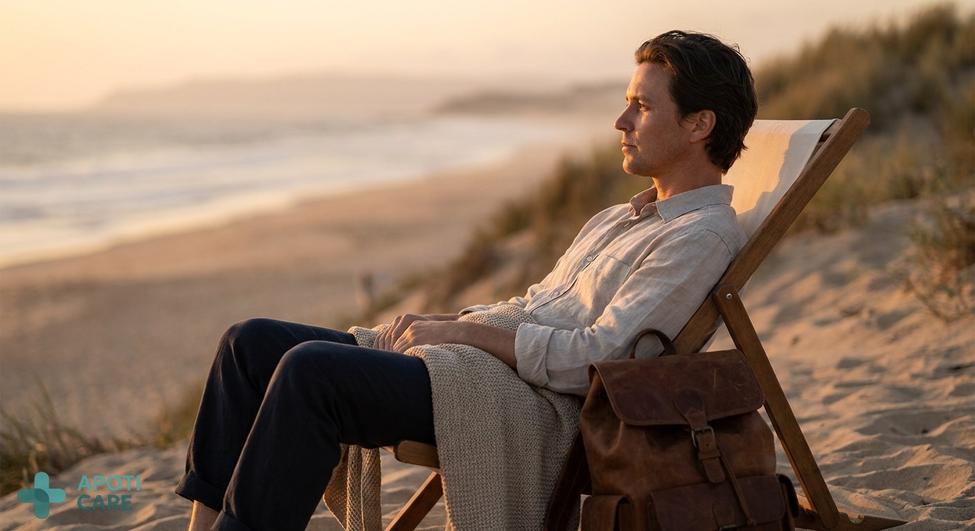 A professional person in their 30s sitting on a beach chair, looking relaxed but slightly tired, with a sunset background, high-quality lifestyle photography.