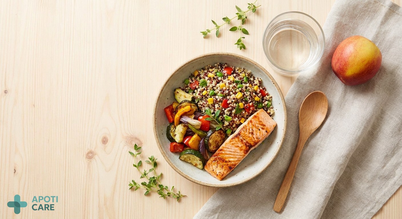 a top-down view of a balanced healthy lunch on a wooden table, professional setting, aesthetic and minimalist