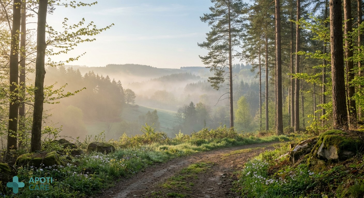 A peaceful landscape of the Belgian Ardennes in spring, soft morning mist between pine trees, realistic photography, high resolution