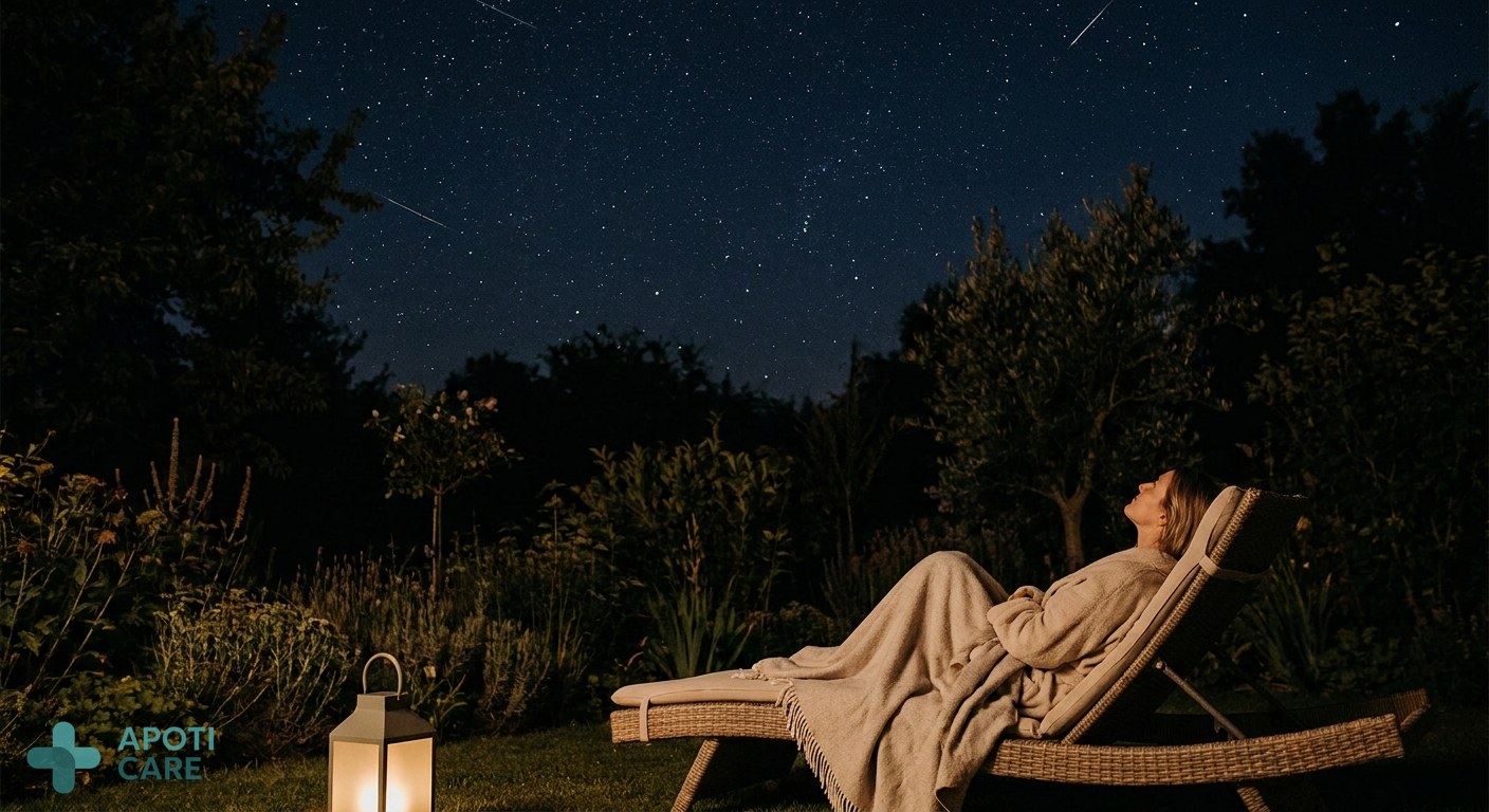 A person lying on a lounge chair in a dark garden, looking up at a starry night sky with shooting stars, atmosphere of calm and serenity, professional photography