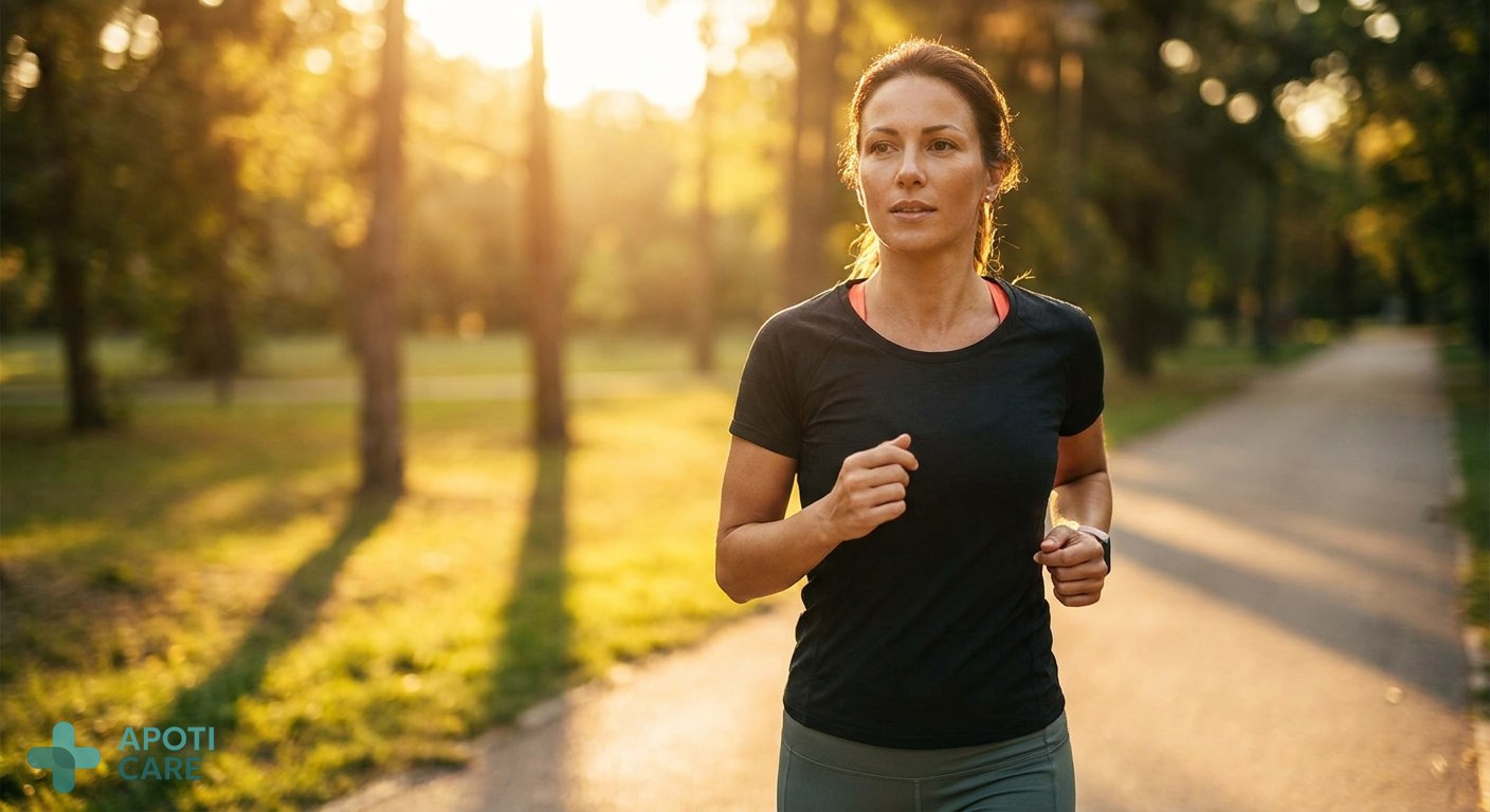 A motivated professional in their 30s jogging in a park during a golden hour sunset, looking healthy and focused, realistic photography style.