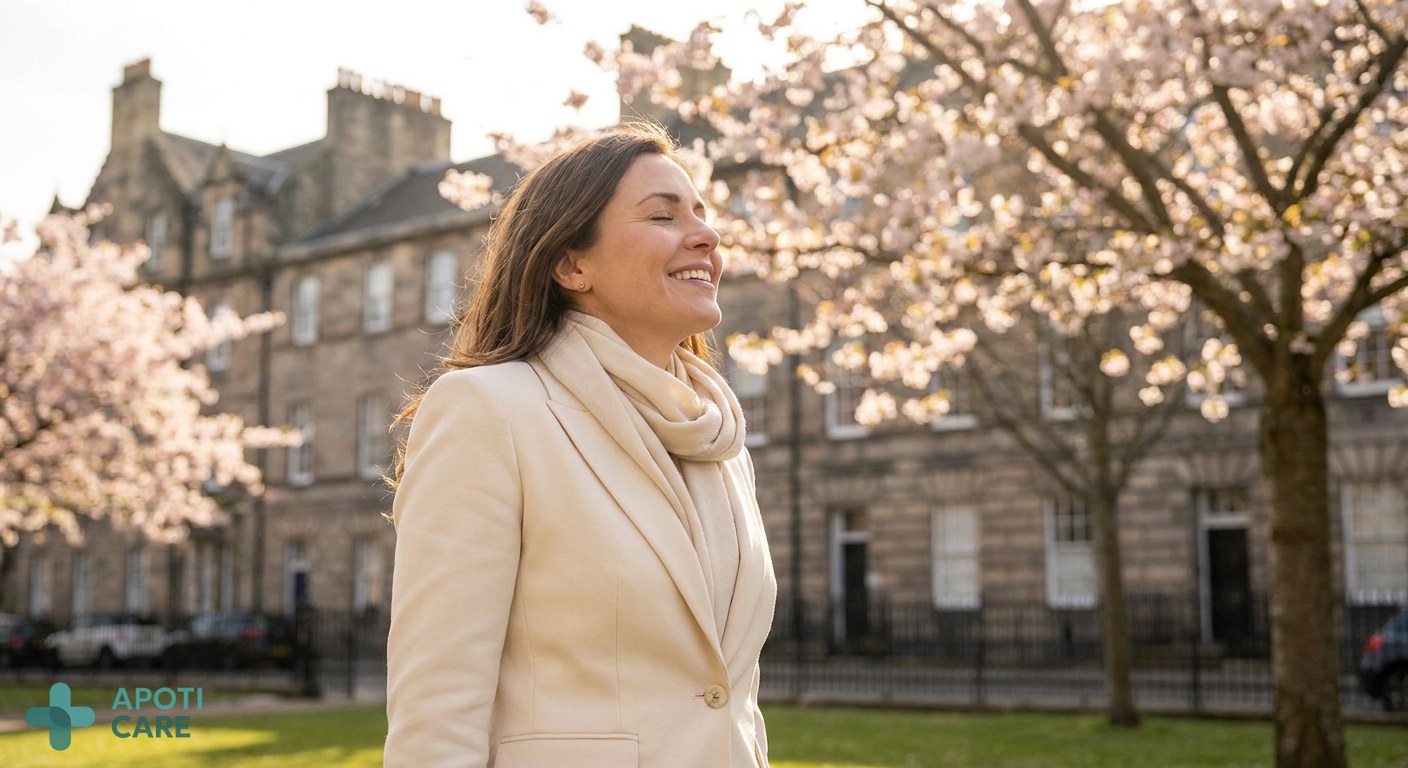 A professional 35-year-old woman standing in a sunlit urban park in Paris or Brussels, taking a deep breath, looking refreshed and energetic, spring atmosphere with blooming trees.