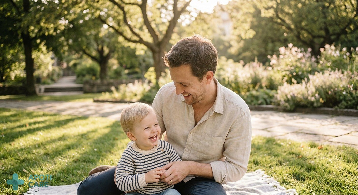 A serene outdoor scene featuring a parent and child laughing in a sunlit park, symbolizing vitality and clean air, realistic photography style