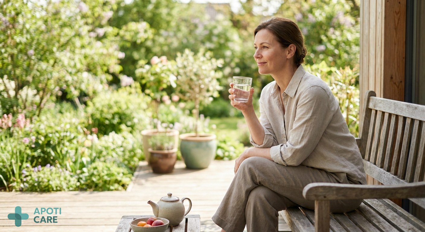 A serene person sitting on a wooden terrace in a sunny spring garden, holding a glass of water, looking relaxed, soft morning light, realistic photography