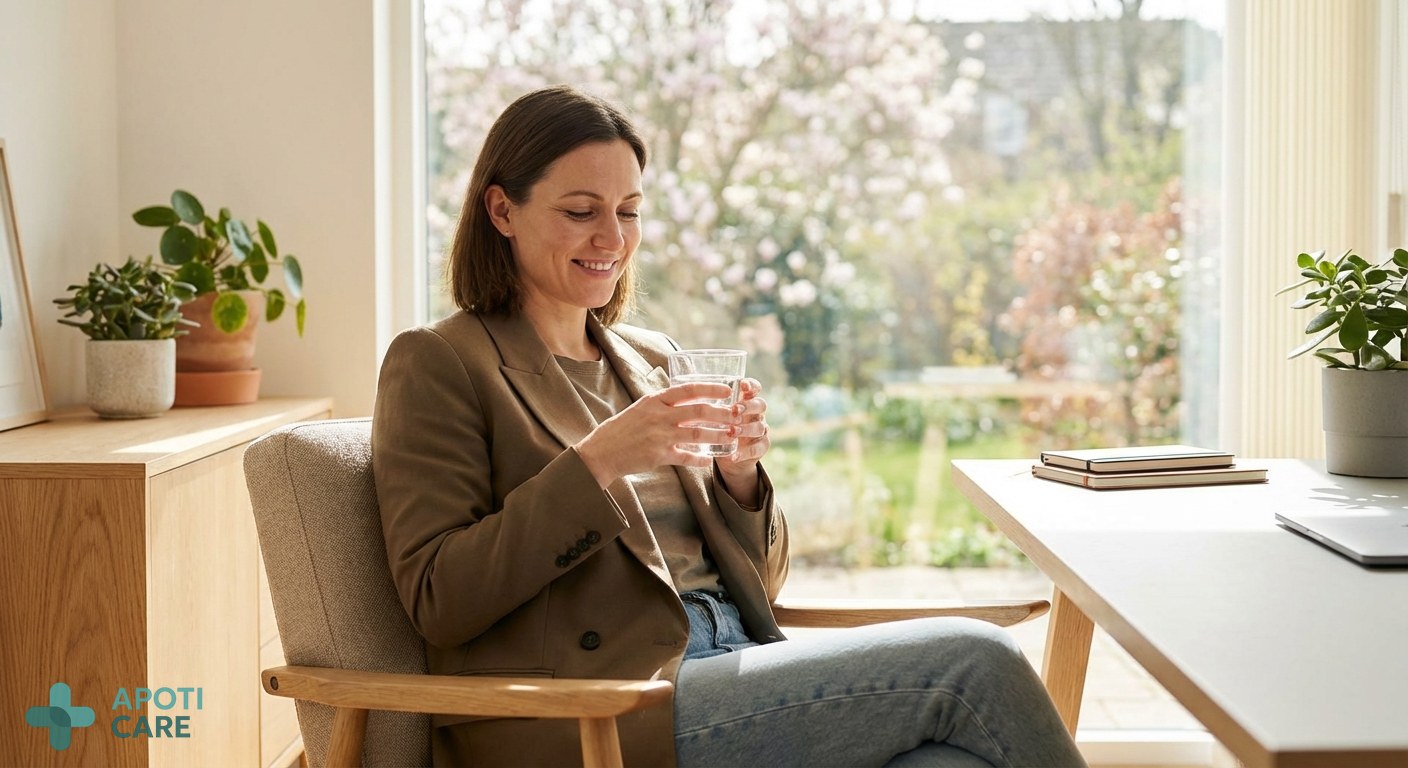 A professional person in their 30s sitting in a sunlit office, holding a glass of water, looking relieved, with a blurred spring garden visible through the window.