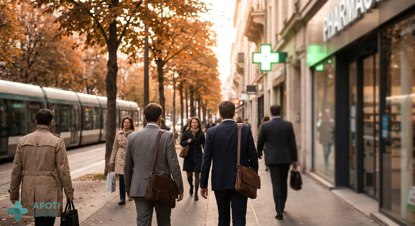 A busy urban street scene with people rushing to work, soft autumn light, emphasizing a professional atmosphere but with a slight sense of rush.