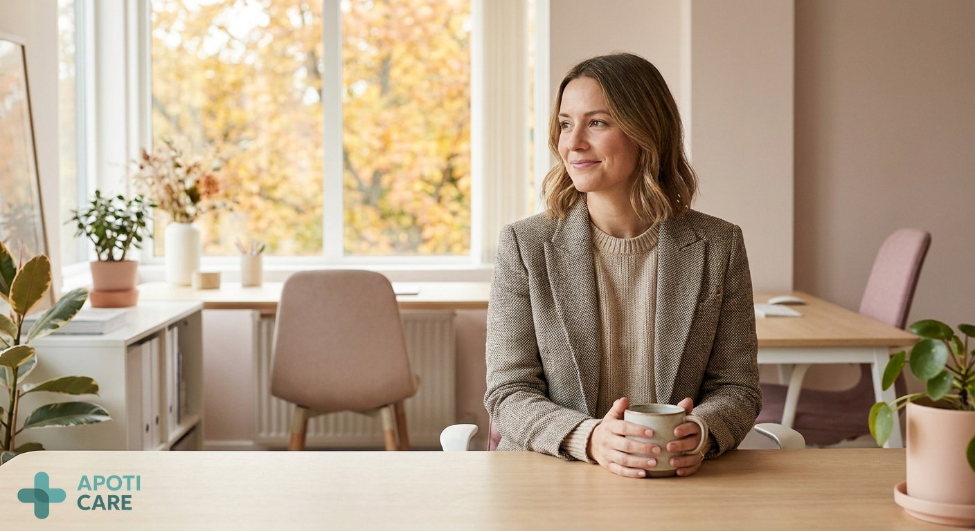 A professional woman in her late 30s sitting in a cozy, modern office with a view of autumn leaves through the window, holding a warm cup of herbal tea, looking serene and focused.