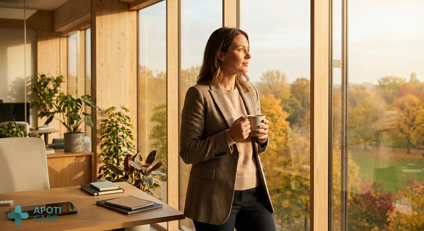 A professional person in their late 30s standing by a large window in a modern office, looking out at autumn leaves in a park, soft golden hour sunlight filtering through.