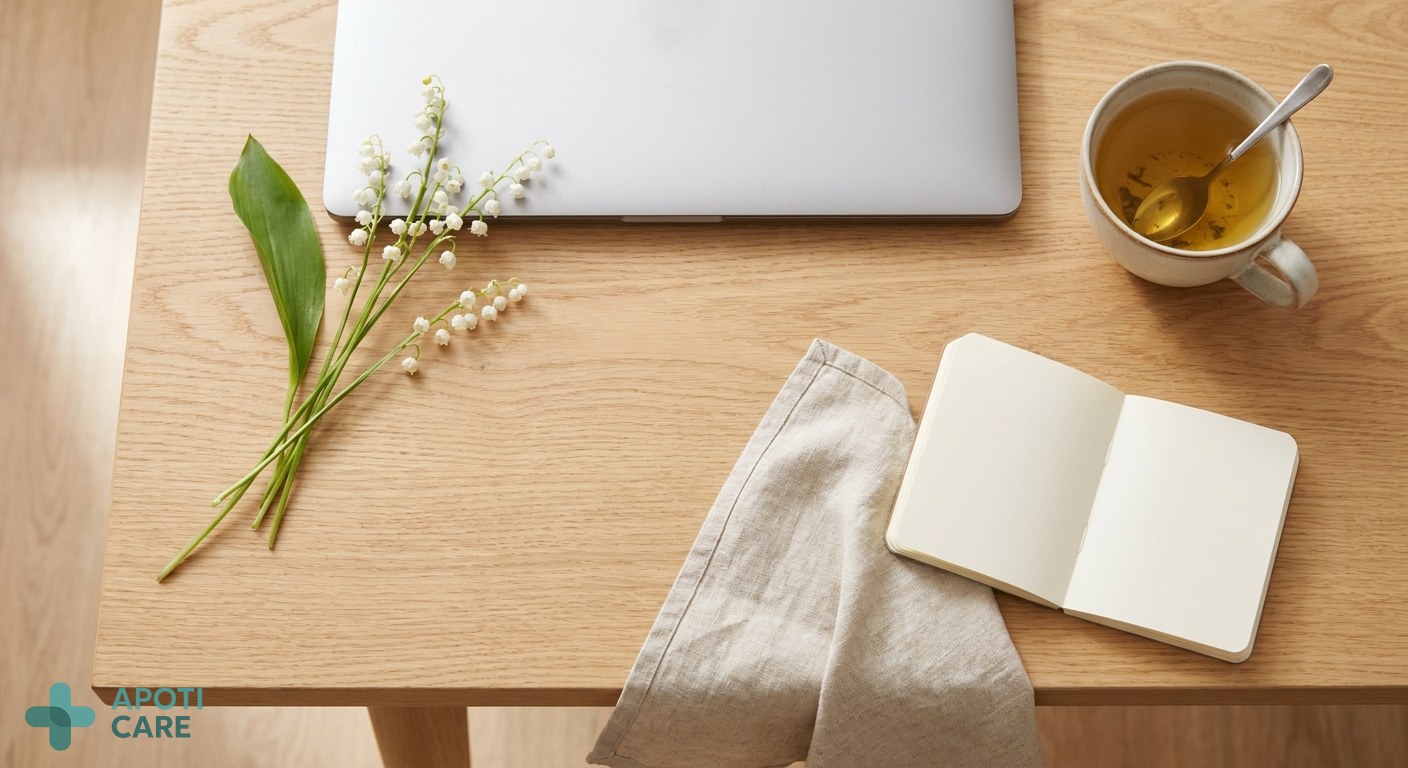 A peaceful top-down view of a wooden desk with a sprig of lily of the valley (muguet), a closed laptop, and a cup of herbal tea, symbolizing a professional taking a break.