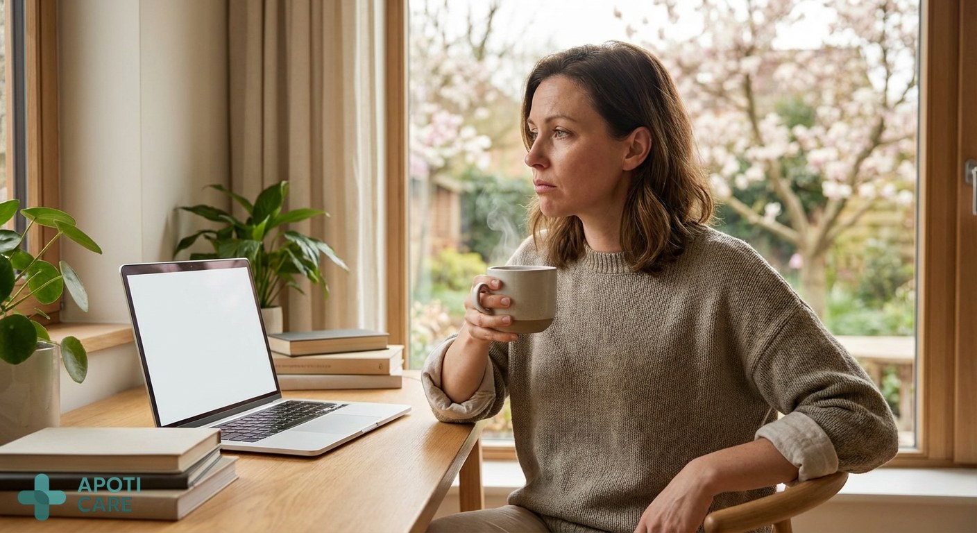 A professional person in their late 30s sitting near a window with soft spring sunlight, looking thoughtful but slightly tired, with a laptop nearby. High-end, realistic photography style.