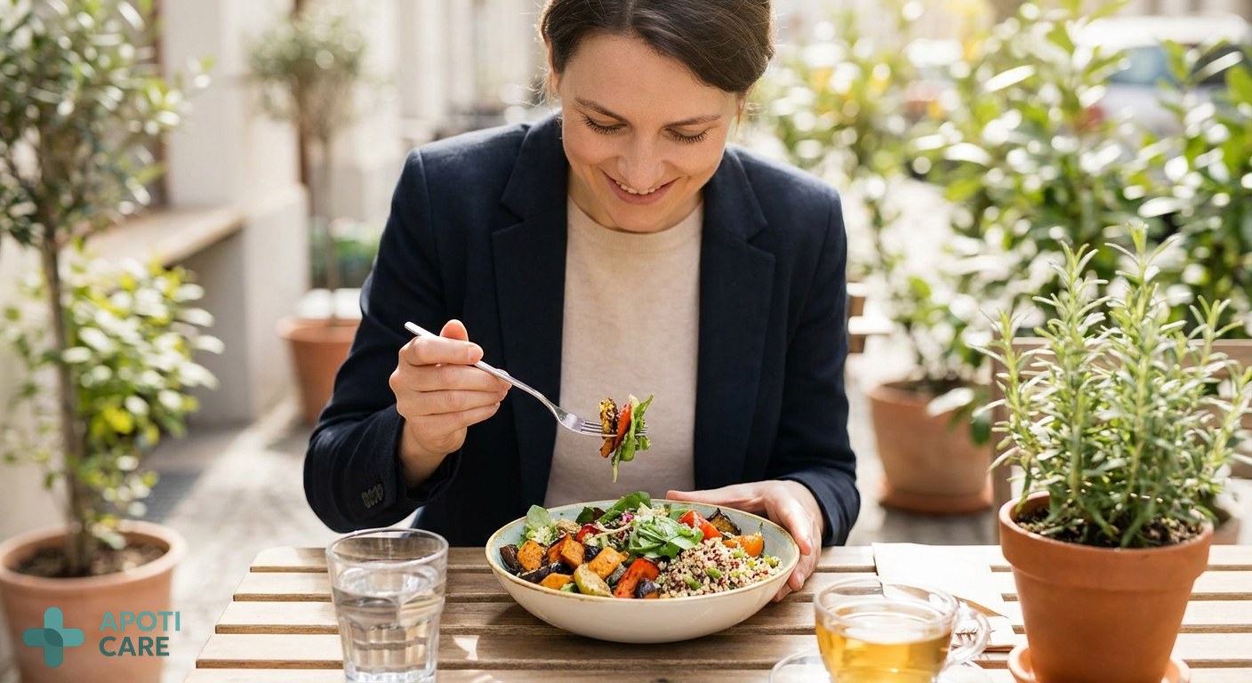 A professional person in their late 30s looking relaxed, enjoying a balanced colorful meal in a bright outdoor setting, realistic photography style