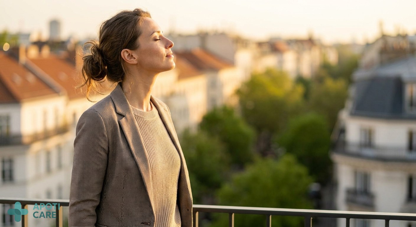 A professional active woman in her late 30s standing on a balcony in a sunny city at sunset, taking a deep, relaxed breath, modern lifestyle photography