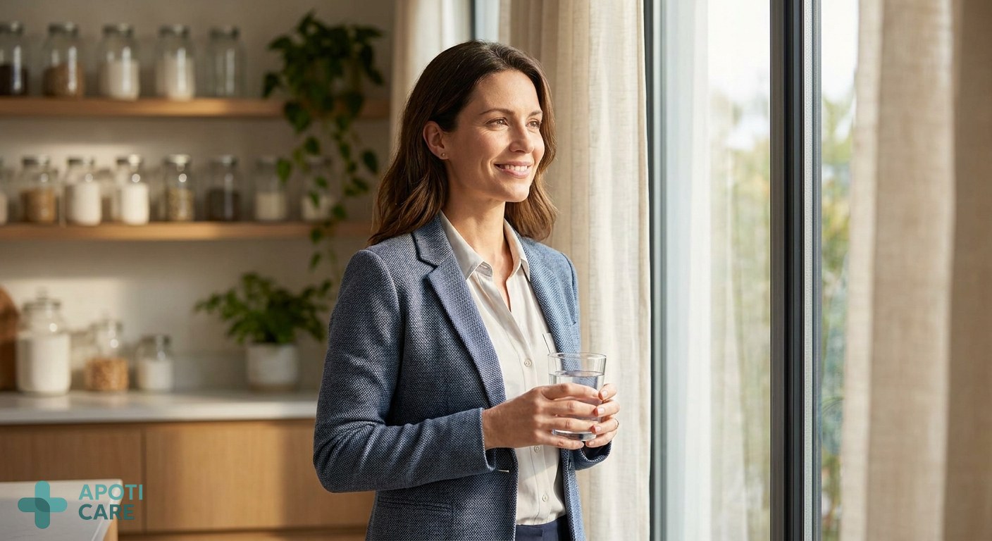 A professional person in their 30s standing by a window with natural morning light, holding a glass of water, looking serene and ready for the day.