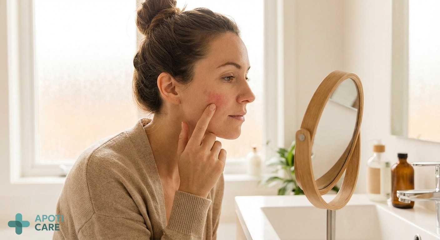 Close-up of a professional woman in her 30s, looking at a slight redness on her cheek in a mirror, soft morning spring light, minimalist bathroom setting.